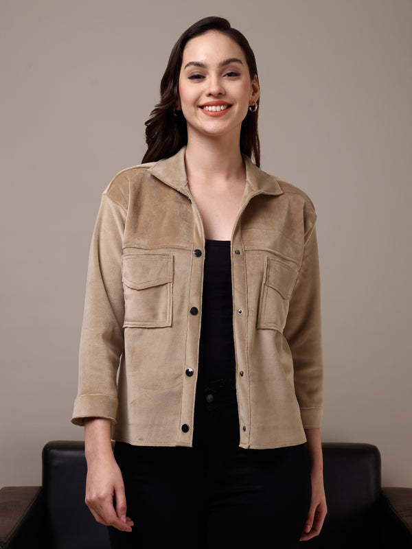Camel Velvet Tailored Fit Jacket With Snap Buttons