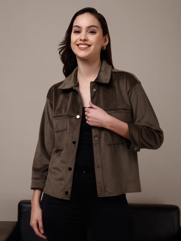 Brown Velvet Tailored Fit Jacket With Snap Buttons