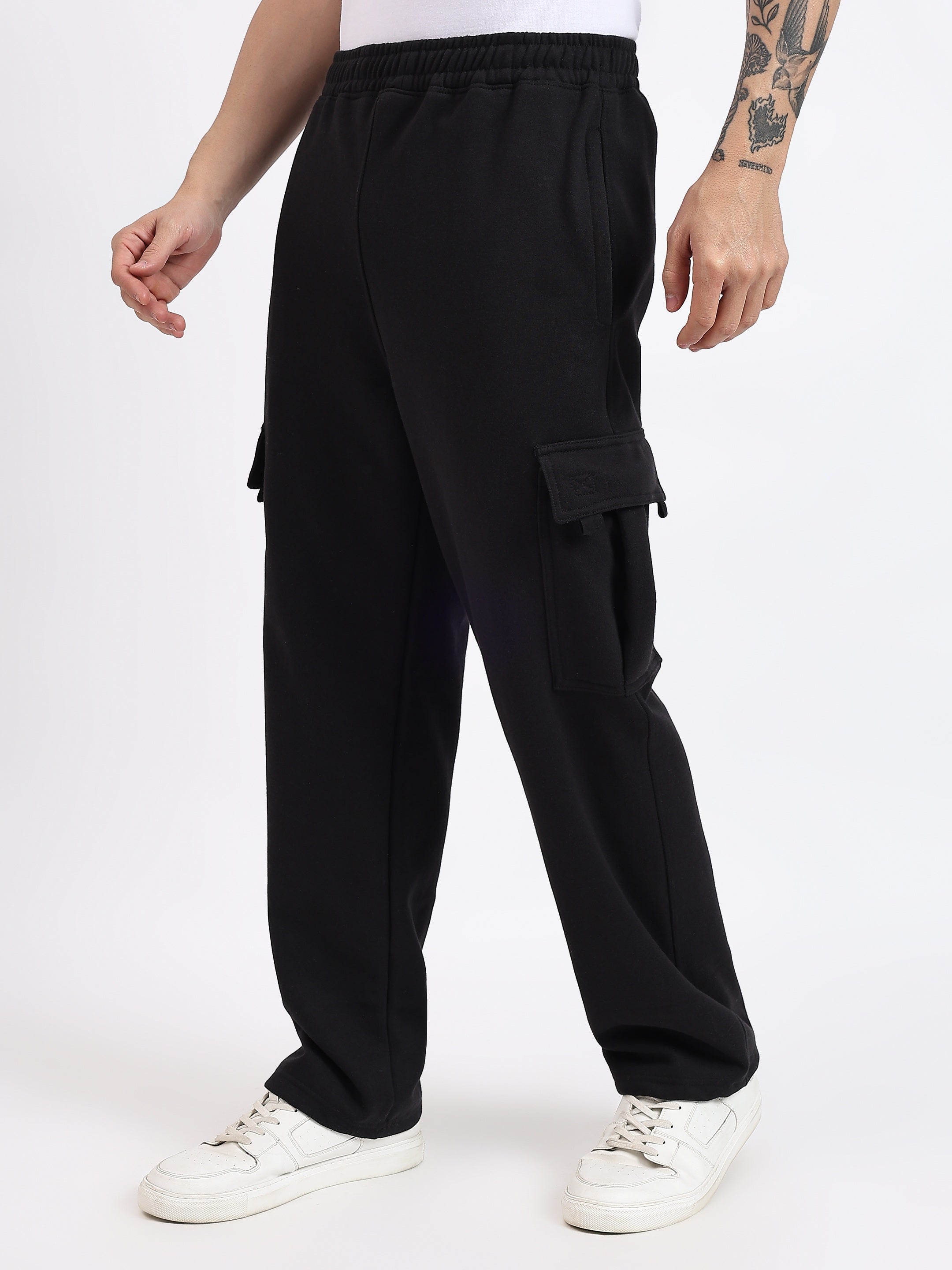 Men Midnight Black Cotton Fleece Cargo Sweatpants For Winters – TOXA