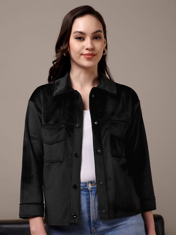 Black Velvet Tailored Fit Jacket With Snap Buttons