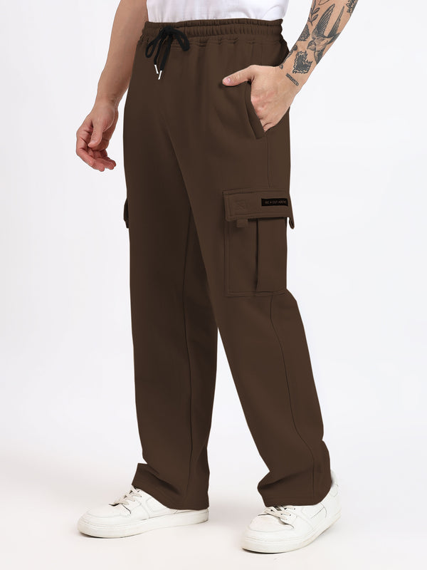 Men Mocha Brown Cotton Fleece Cargo Sweatpants For Winters