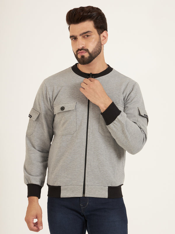 Grey Melange Cotton Fleece Bomber Jacket